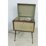 Vintage Garrad record player, housed in original case with tapering legs and with soft closing lid