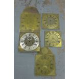 five various brass clock faces, (5) largest 47 x 33cm