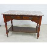 Mahogany and burr wood washstand with red marbled hardstone top over two frieze drawers with brass