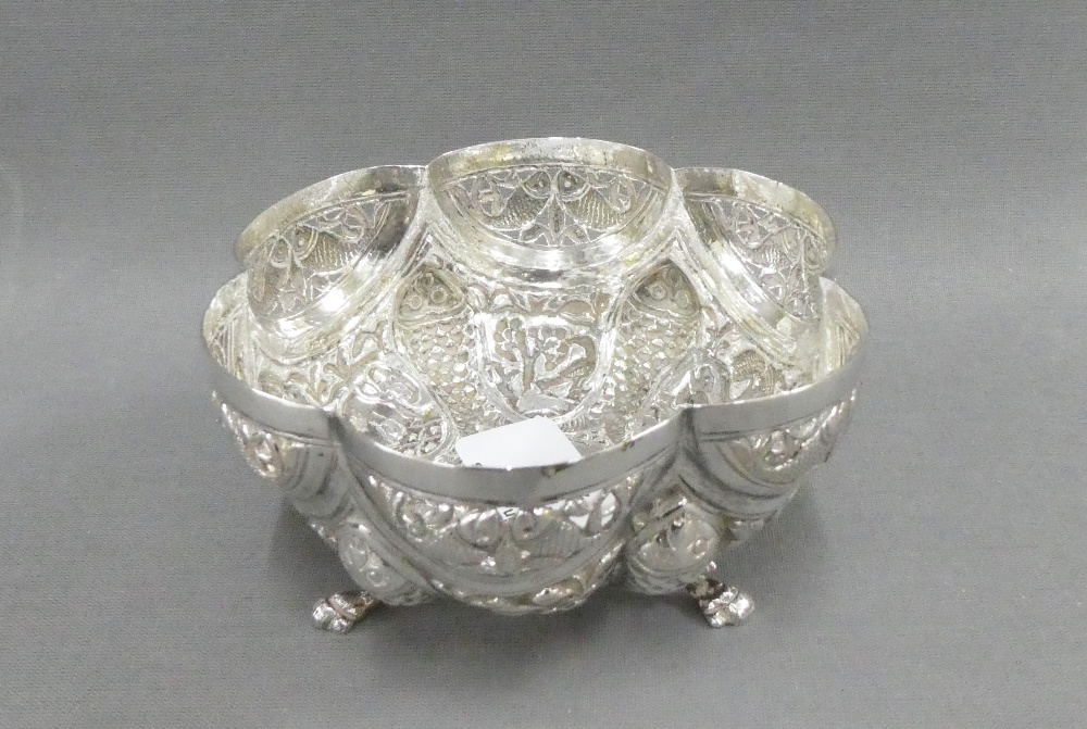 Indian silver bowl with fish and elephant pattern and raised on three hoof feet, unmarked, 12cm - Image 2 of 3