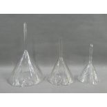 Three wrythen glass wine decanting funnels, largest 23cm high (3)