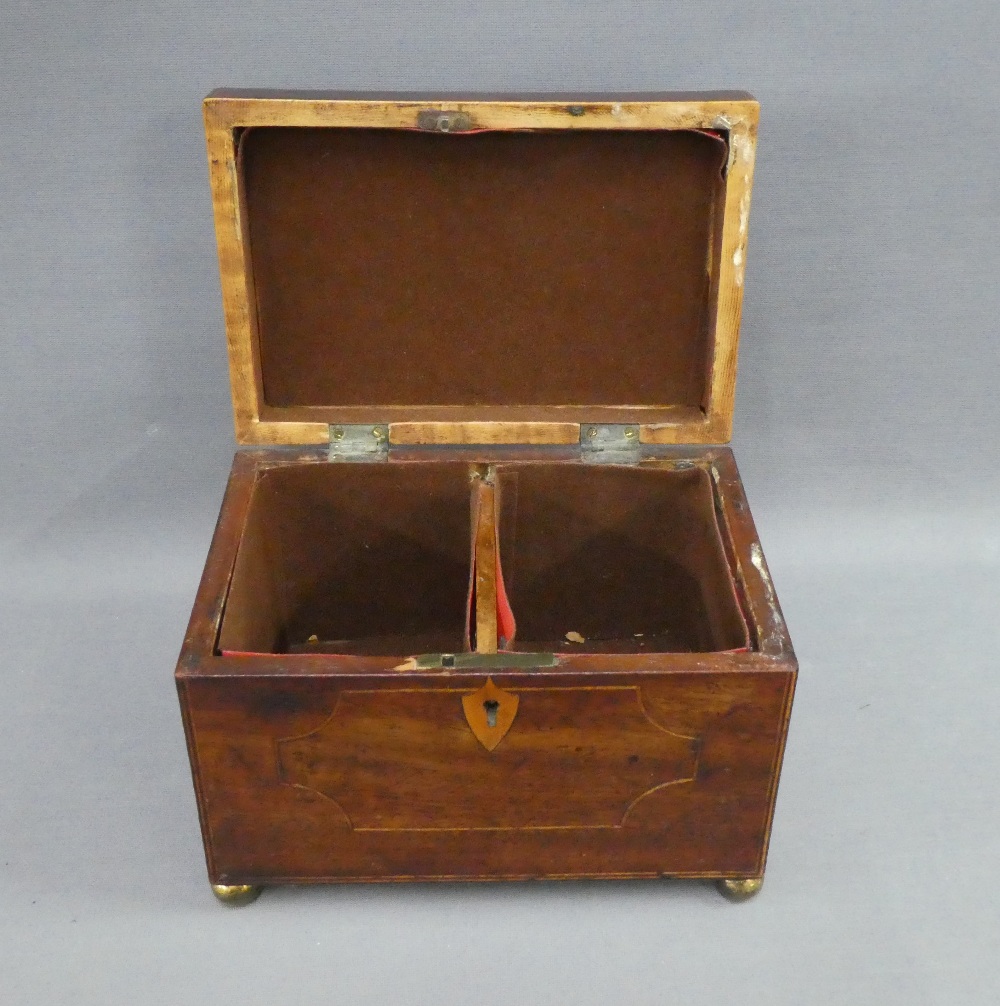 19th century mahogany and inlaid tea caddy with hinged lid and two divisions, on four brass bun - Image 2 of 2