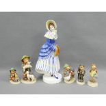 Five Hummel figures and a Continental pottery figure of a girl in blue and white dress (6)