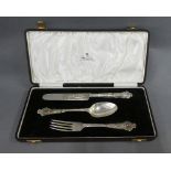 Victorian silver knife, fork and spoon set, Chawner & Co, London 1862, each embossed with