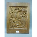 Dragon carved oak panel, 29 x39cm
