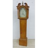 Pine longcase clock, the swan neck above a painted dial with classical urn, flowers and Roman