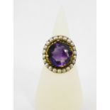 Antique amethyst and seed pearl ring, set in unmarked gold, (a/f stone loose)