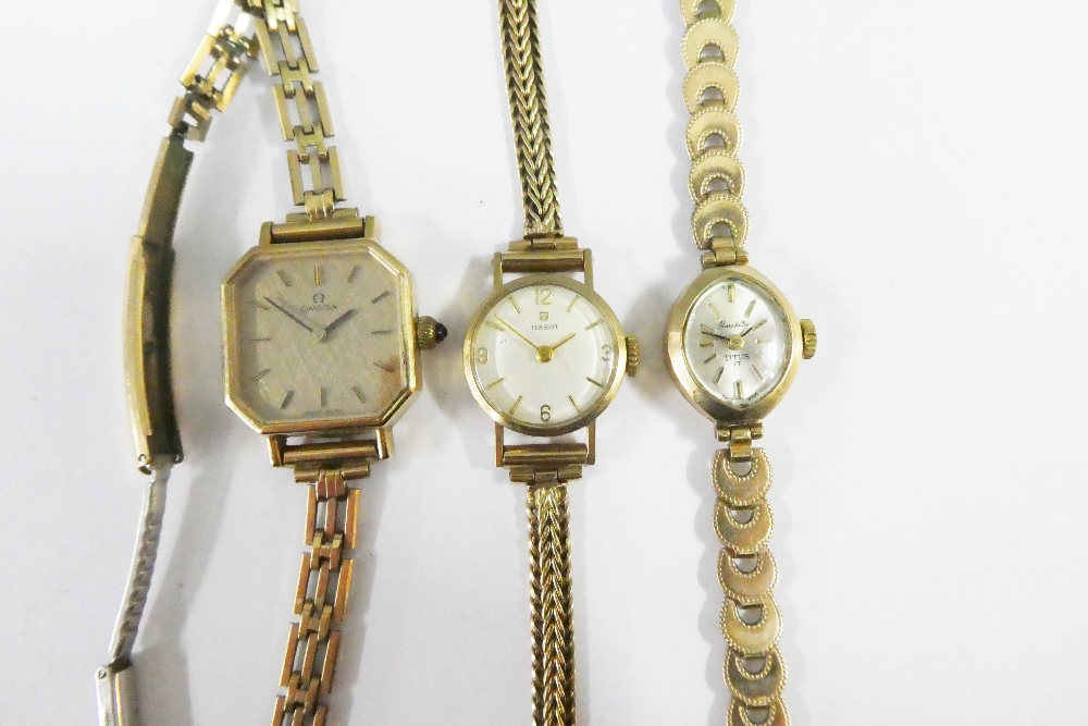 A collection of three lady's vintage wristwatches to include Tissot on a 9ct gold bracelet strap, - Image 2 of 4