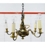 Two brass light fittings,one with five branches the other with three (2)