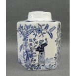 Delft hexagonal blue and white caddy, painted with figures in a garden setting, monogram to the
