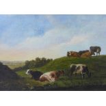 British School Grazing Cattle, oil on canvas, apparently unsigned, 35 x 25cm