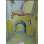 H. Salsamendi, Village scene with archway, Oil on board, signed and dated 1958 in glazed frame, 32 x