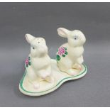 Plichta Pottery Rabbit salt and pepper set, painted with shamrock pattern