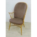 Ercol light elm / beech high backed open armchair with loose cushions, 110 x 63cm