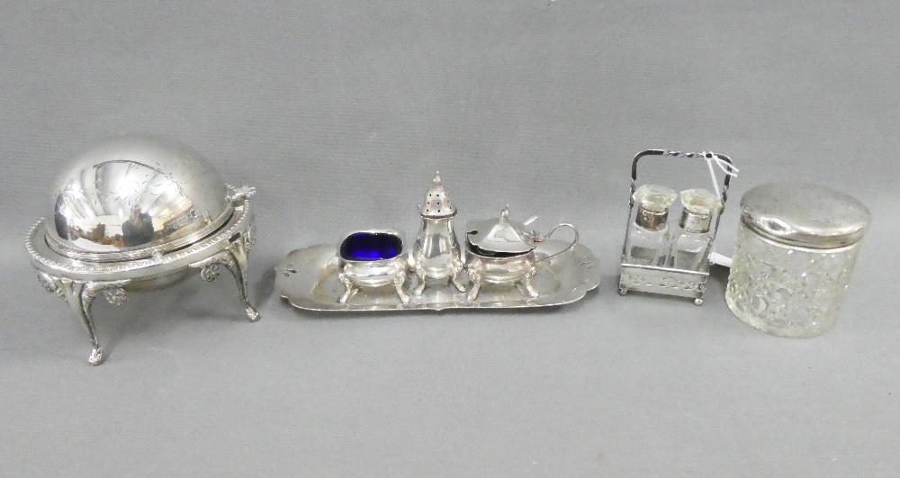 Mixed lot to include a Birmingham silver topped glass jar, London silver cruet stand with glass