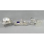 Mixed lot to include a Birmingham silver topped glass jar, London silver cruet stand with glass
