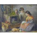 Boy and Girl Feeding Rabbits, oil on board, apparently unsigned, in an ornate giltwood frame, 9 x