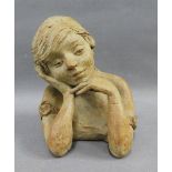 Stoneware head and shoulders bust of a young girl, impressed monogram SMB, 14cm high