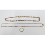 18ct gold wedding band, 9ct gold watch chain and a 9ct gold chain (3)