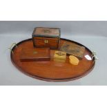Mahogany oval tray with brass handles together with a 19th century rosewood and brass mounted box (