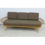Ercol light elm and beech three seater day bed / sofa with solid plank back and three loose cushions