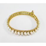 Vintage yellow metal baroque pearl bracelet / bangle