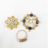9ct gold claw set garnet ring, 9ct gold garnet and pearl brooch and a gemset yellow metal flowerhead