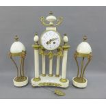 Faux white stoneware clock garniture with gilt metal mounts, (3)