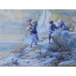 19th century school, Children on a mountain path, watercolour, signed indistinctly with a