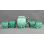 Susie Cooper green glazed lemonade set with incised tulip pattern comprising jug and four beakers,
