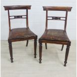 Pair of 19th century mahogany side chairs with worn leather seats, 86 x 46cm (2)