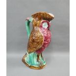 Majolica pottery 'Owl' jug, 28cm high