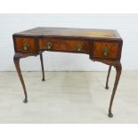 19th century mahogany and burr wood writing table with brown leather skivver and three drawers, on