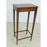 Edwardian mahogany side table with tapering legs and stretchers, 87 x 41cm