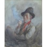 H.W Kerr RSA (British, 1857-1936) The Pipe smoker Watercolour, signed with initials, in a glazed and
