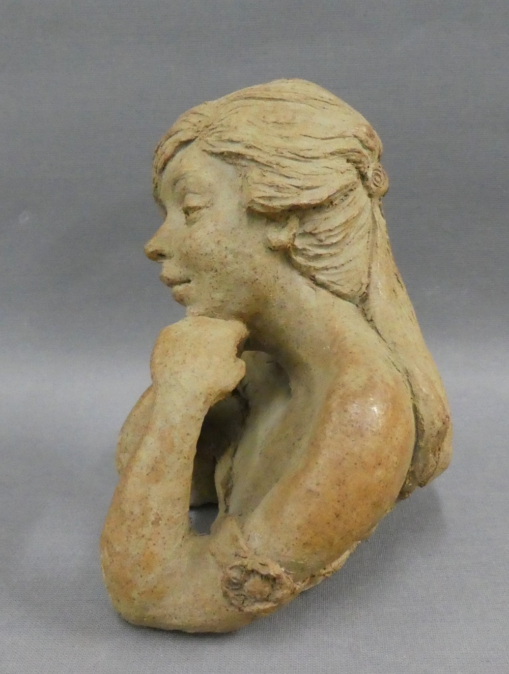 Stoneware head and shoulders bust of a young girl, impressed monogram SMB, 14cm high - Image 2 of 3