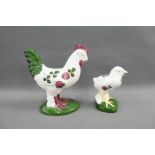 Plichta Pottery cockerel painted with clover together with a Plichta bird, tallest 15cm (2)