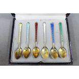 Harlequin set of six enamelled and silver coffee spoons, stamped Ela Denmark, boxed (6)