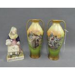 Dolly Pendreath Staffordshire figure, 18cm high (a/f) together with a pair of Continental