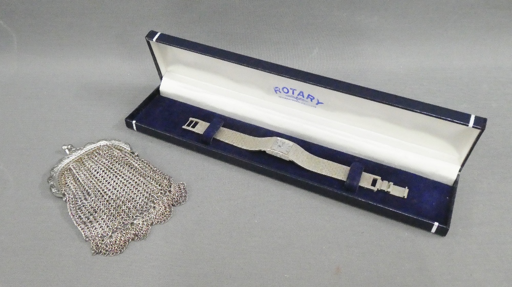 Lady's vintage rotary wrist watch, boxed and a white metal chain purse (2)
