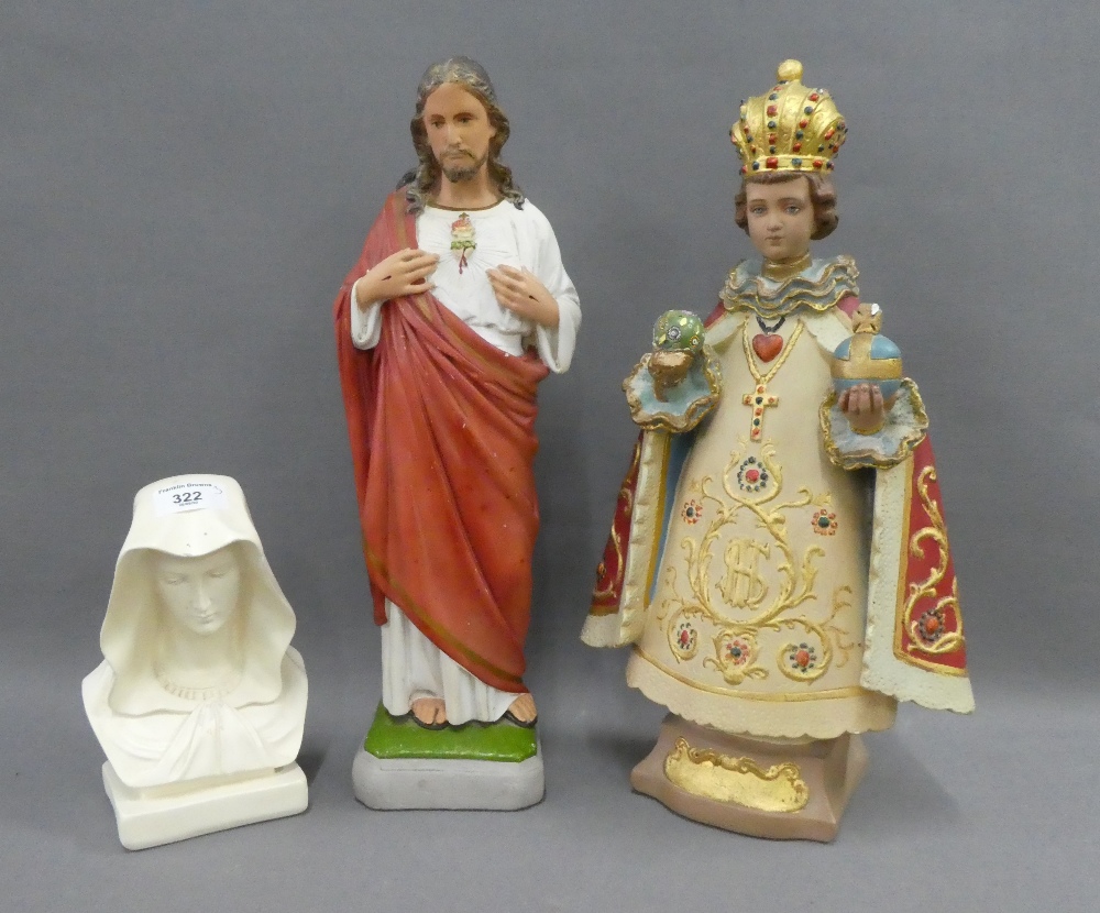 White painted plaster Madonna bust, Infant Jesus of Prague figure and another (3) tallest 40cm