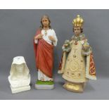 White painted plaster Madonna bust, Infant Jesus of Prague figure and another (3) tallest 40cm