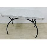 Mid century black and white Formica topped kitchen table / desk on black metal curved legs, 78 x