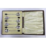 Set of six Birmingham silver coffee bean handled spoons, in fitted box