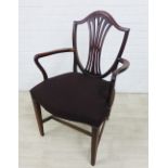 Mahogany Sheraton style shield back open armchair, with upholstered seat, 98 x 63cm