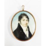 19th century portrait miniature on ivory of a Gentleman wearing a white stock and black coat,