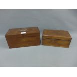 19th century mahogany tea caddy box with three divisions and a white metal loop handle to top,