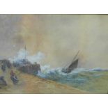 Arthur Harris, Fishing Boat in a Stormy Harbour with Figures on the Quayside. watercolour, signed