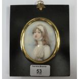 19th century portrait miniature on ivory of Young Woman contained within a glazed and ebonised frame