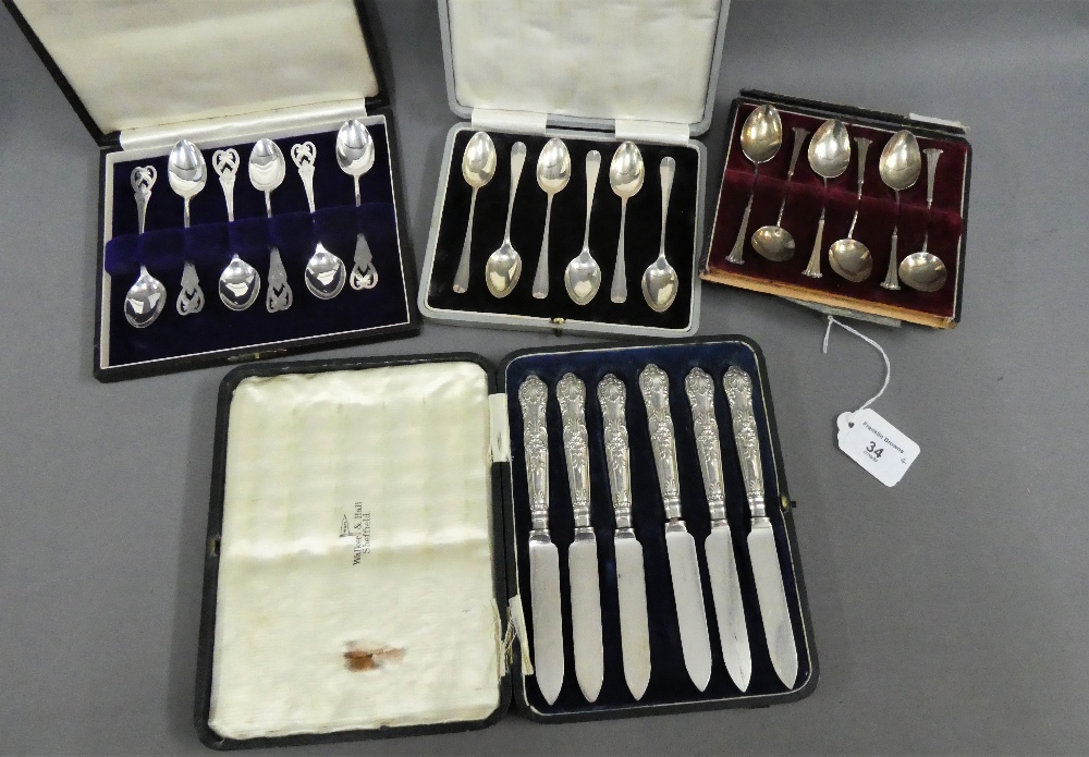 Various cased sets of flatware to include two sets of six Birmingham silver teaspoons, Epns